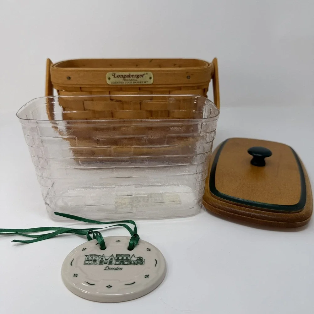 VTG Longaberger Dresden Tour Basket II 1996 w/ Lid, Liner & Tie-On Collectors